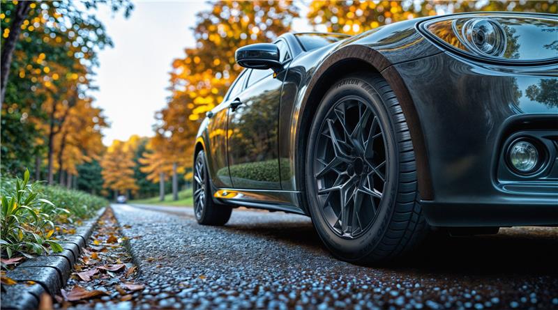 Close-up of Sailun SVA2 all-season tire on a black car parked on a wet autumn road, surrounded by colorful trees.