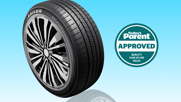 Sailun Atrezzo SH408 tire next to Today’s Parent Approved badge for quality, ease of use, and value.